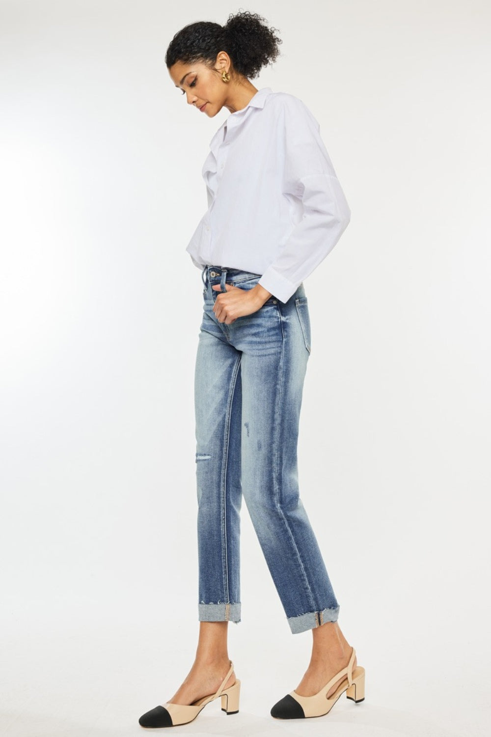 KanCan Distressed High-Rise Retro Mom Jeans Straight Leg Cuffed Raw Denim Pants