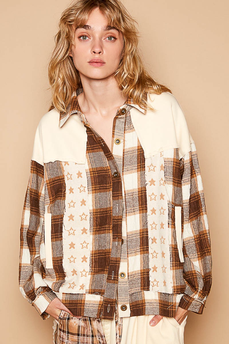 POL Shacket Star Plaid Bohemian Patchwork Exposed Raw Frayed Seam Oversized Jacket