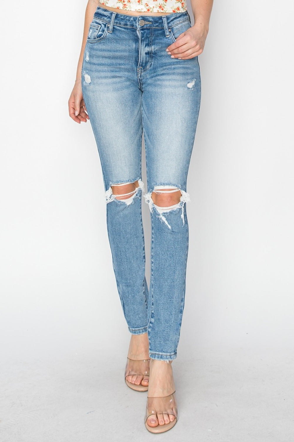 RISEN Skinny High-Rise Distressed Torn Knee Jeans Slim Denim Pants