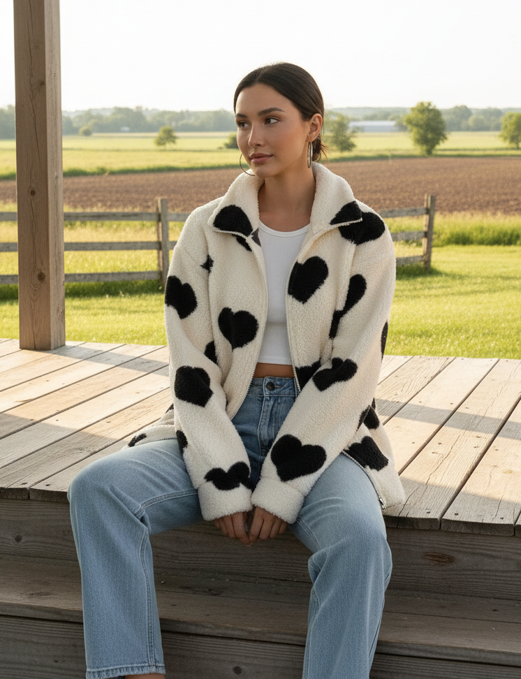 Plush Teddy Heart Print Zip Up Long Sleeve Collared Sweater Jacket Pockets