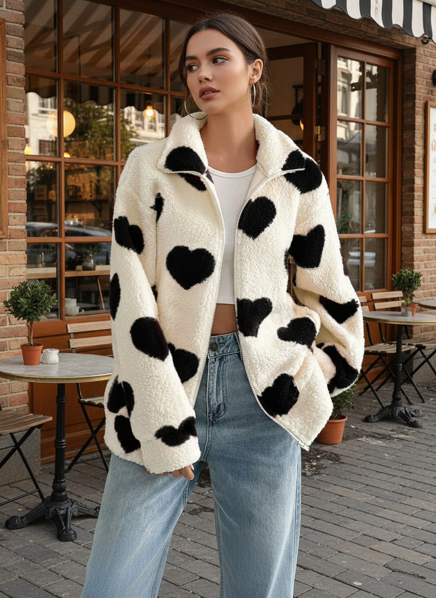 Plush Teddy Heart Print Zip Up Long Sleeve Collared Sweater Jacket Pockets