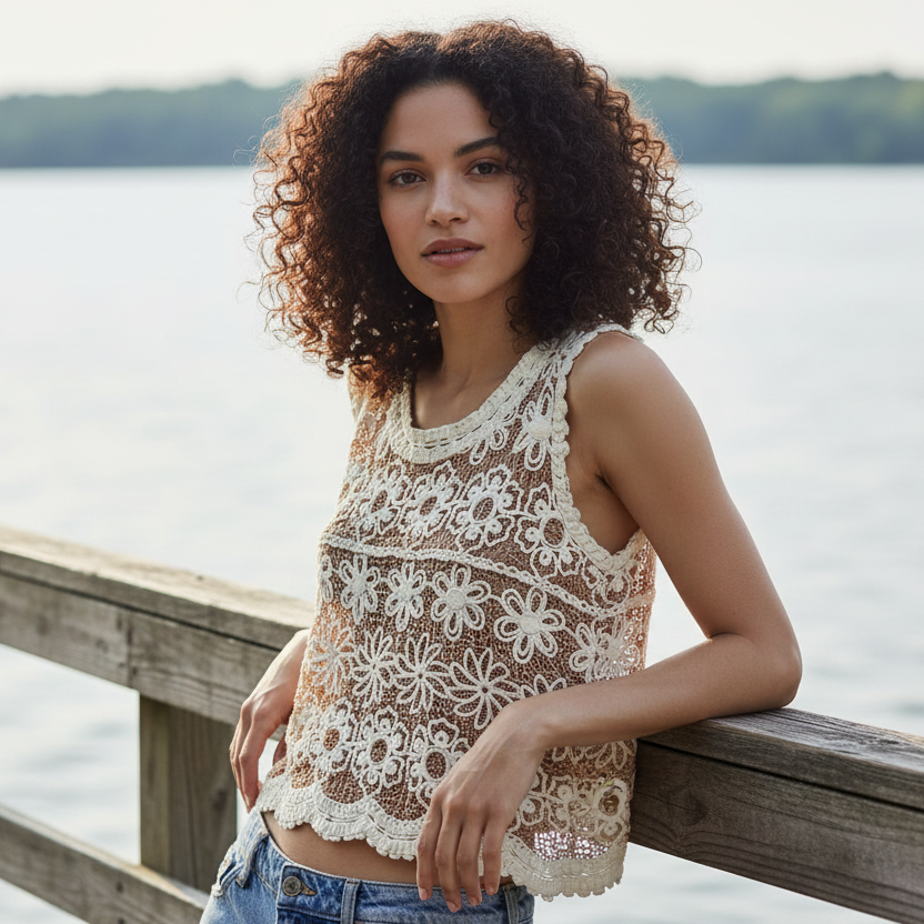 POL Crochet Openwork Floral Tank Top Round Neck Cropped Sleeveless Boho Shirt Camel Brown