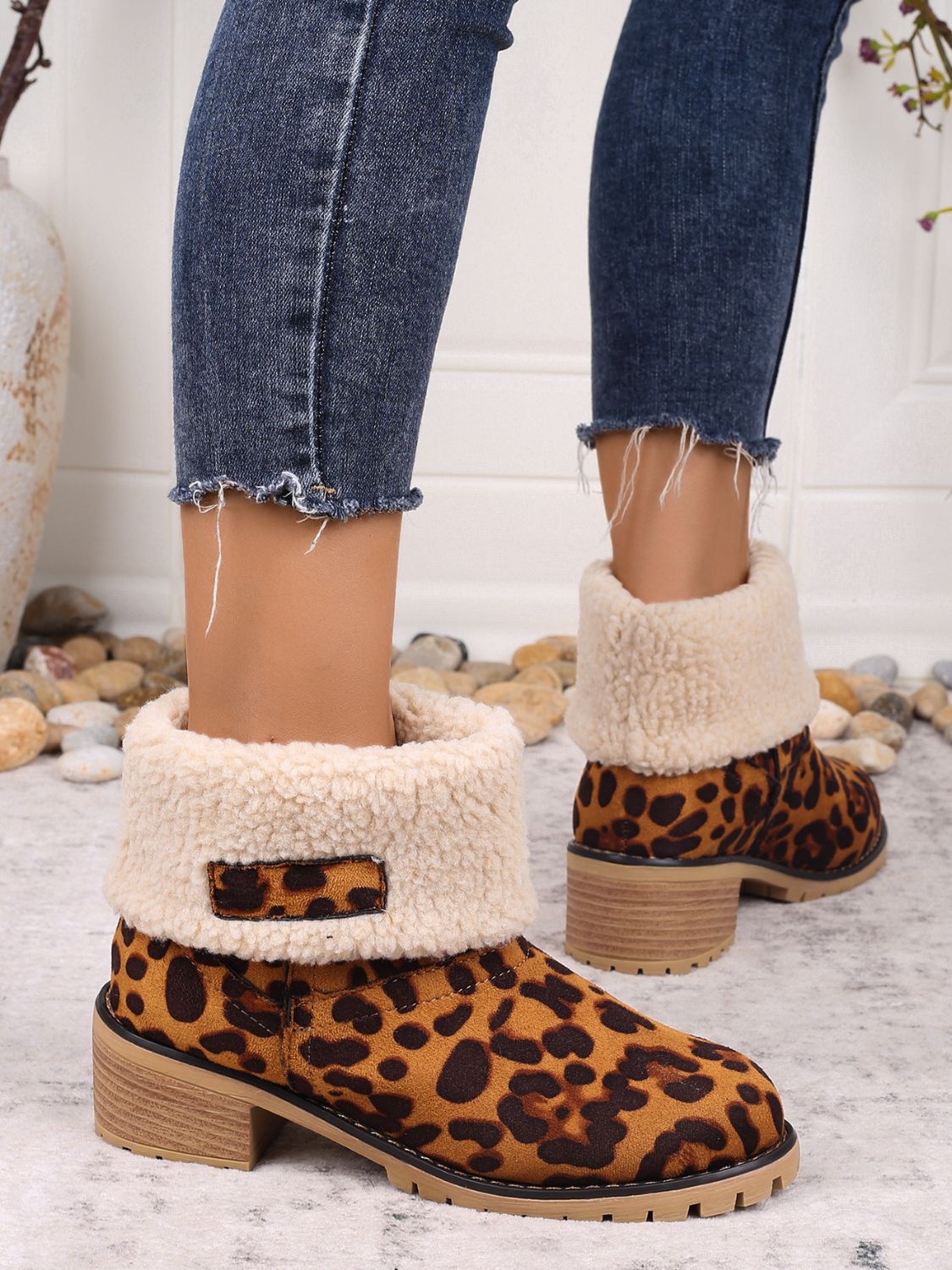 Fuzzy Sherpa Cuff Animal Leopard Ankle Boots Chunky Block Heel Slip-on Shoes