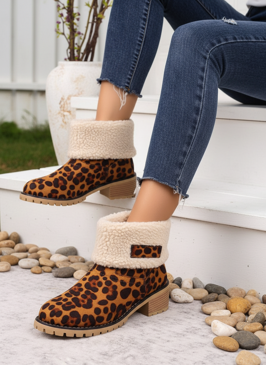 Fuzzy Sherpa Cuff Animal Leopard Ankle Boots Chunky Block Heel Slip-on Shoes