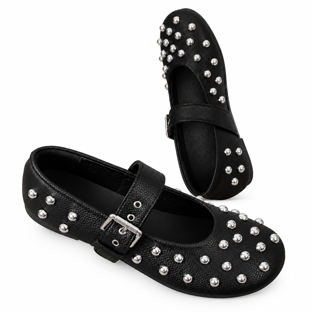 Studded Mary Jane Ballet Flats Faux Pebble Leather Round Toe Buckle Strap Shoes