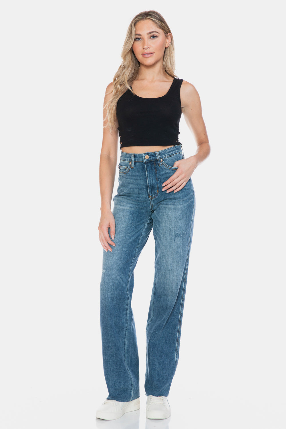 Judy Blue Tummy Control High-Rise Boyfriend Jeans Straight Leg Raw Denim Pants