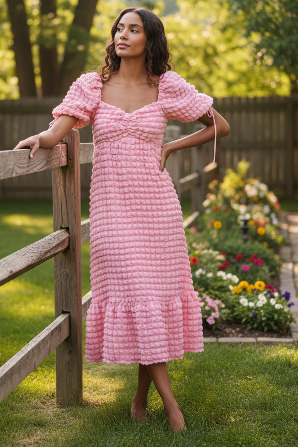 3D Popcorn Bubble Textured Sweetheart Neck Short Sleeve Smocked Back Tiered Midi Dress