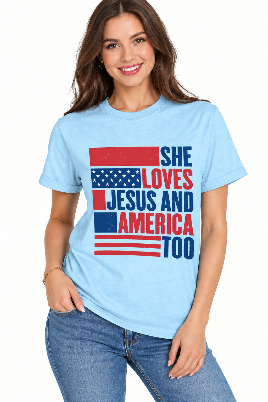 She Loves Jesus and America Too Patriotic Shirt USA Flag Cuffed Sleeve Tee
