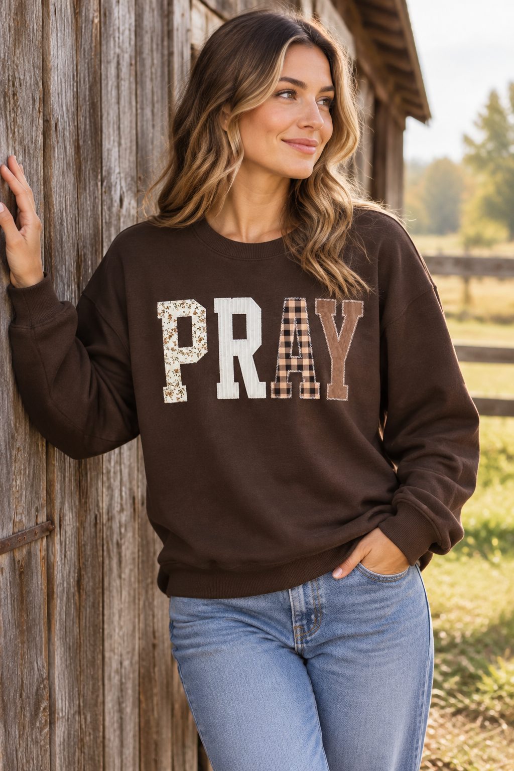PRAY Patchwork Crew Neck Sweatshirt Floral Plaid Faith Graphic Pullover Top