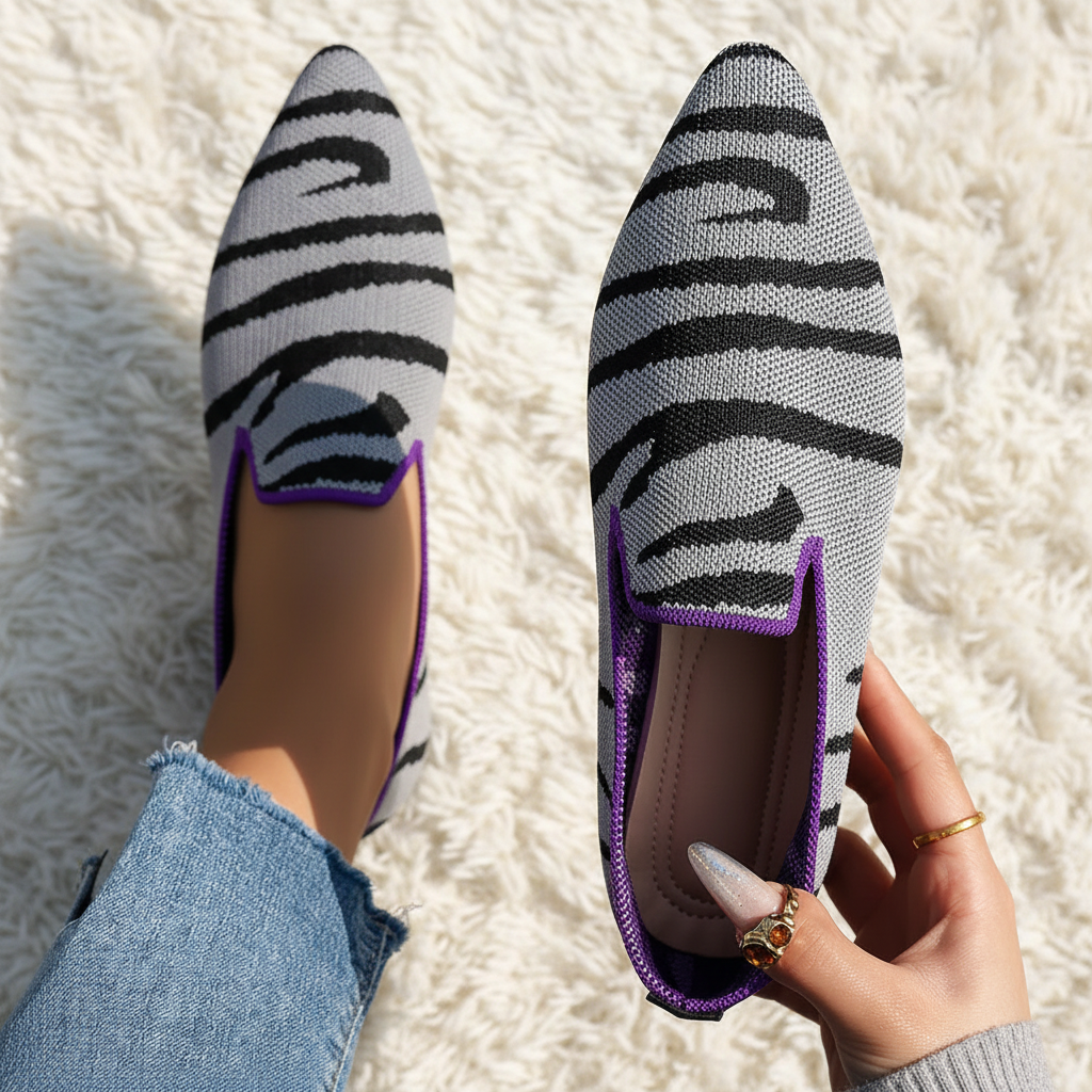 Contrasting Animal Knit Shoes Pointed Toe Slip-On Loafer Colorful Trim Ballet Flats