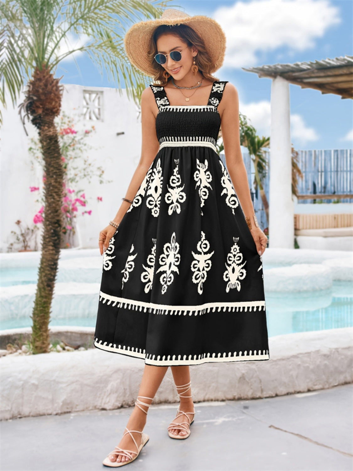 Elegant Smocked Bodice Contrasting Chic Sleeveless Summer Boho Midi Dress