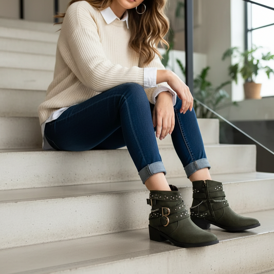 Studded Buckle Ankle Boots Vegan Leather Moto Strappy Urban Block Heel Shoes