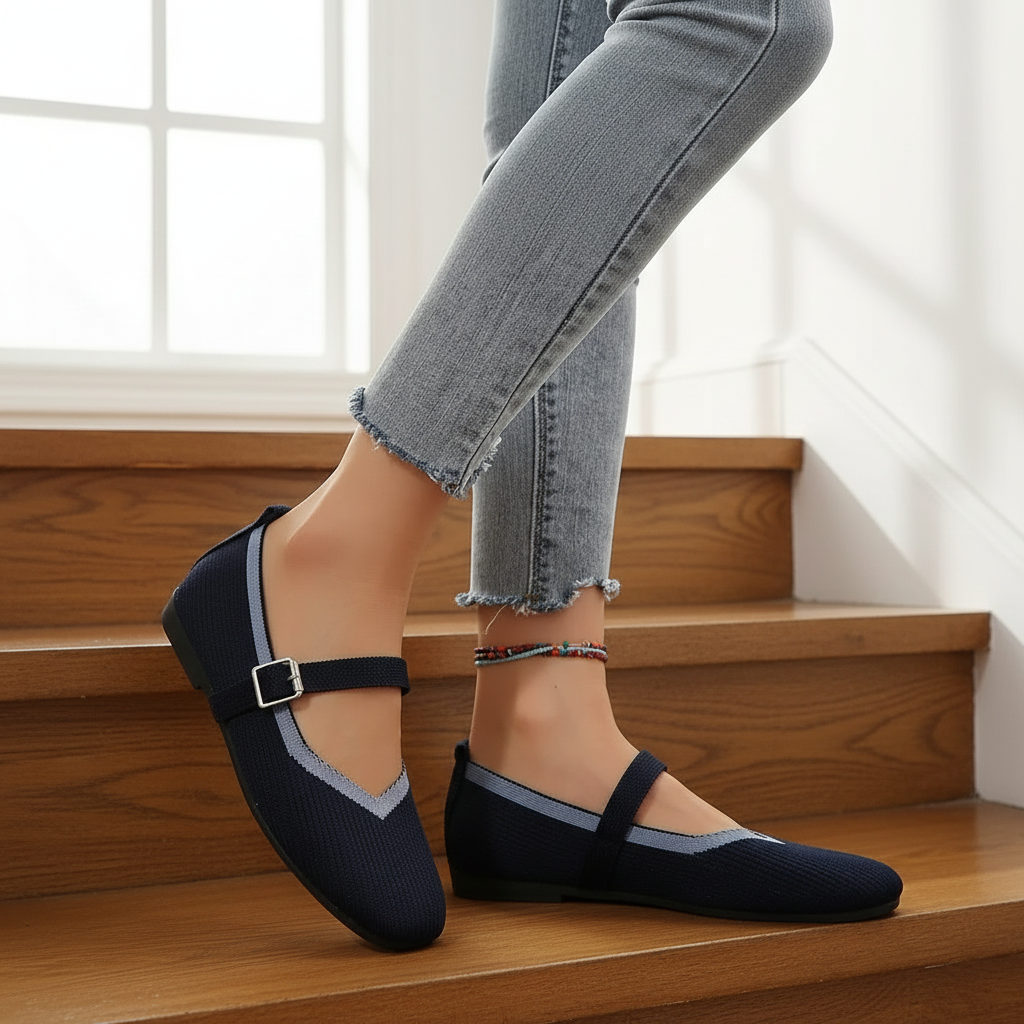 Mary Jane Flats Round Toe Mesh Slip-On Adjustable Buckle Color Contrast Shoes