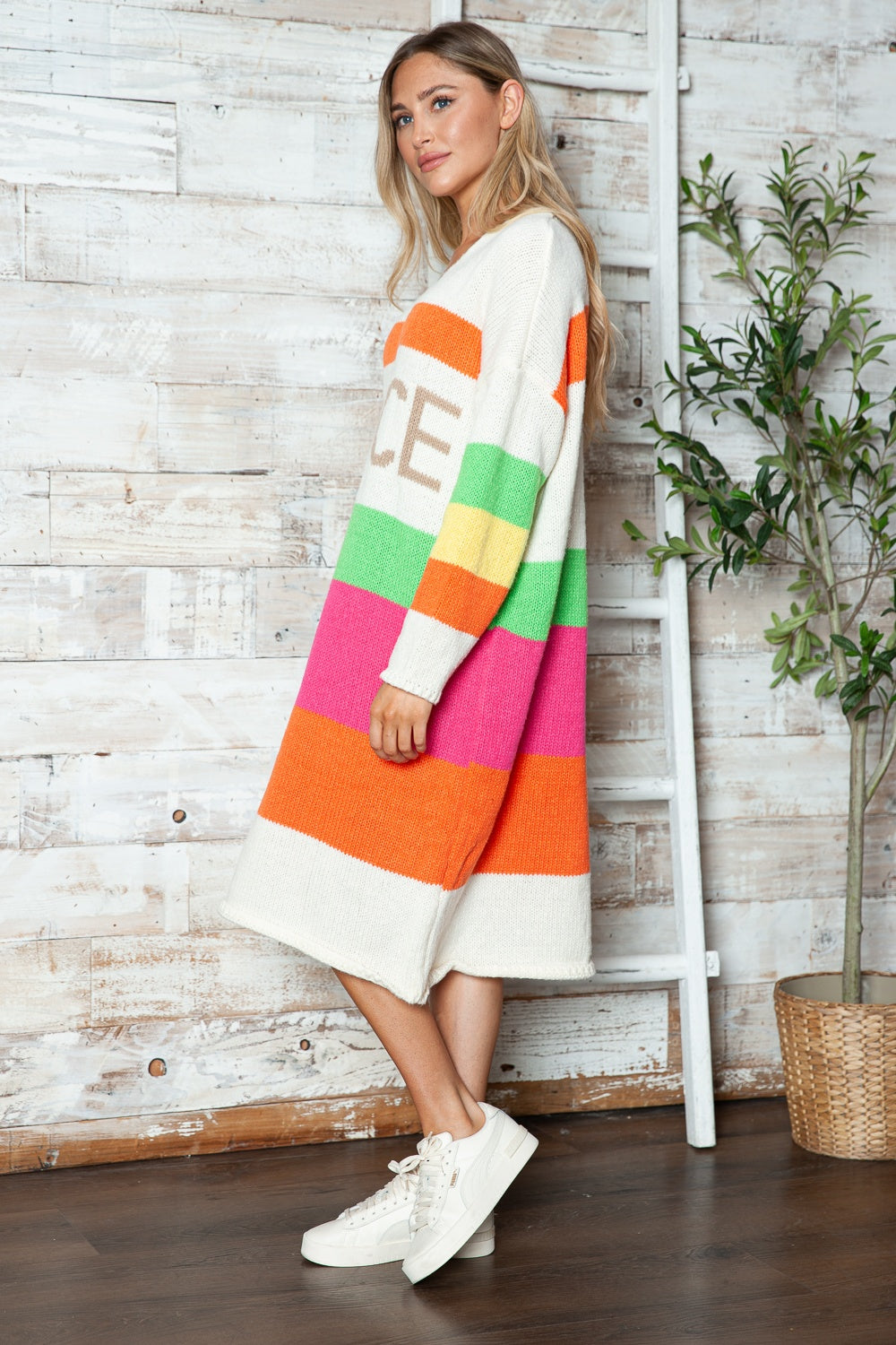 colorful sweater dress PEACE Oversized Knit Sweater Dress Colorful Contrasting Long Sleeve Knee Midi Mocha / L/XL