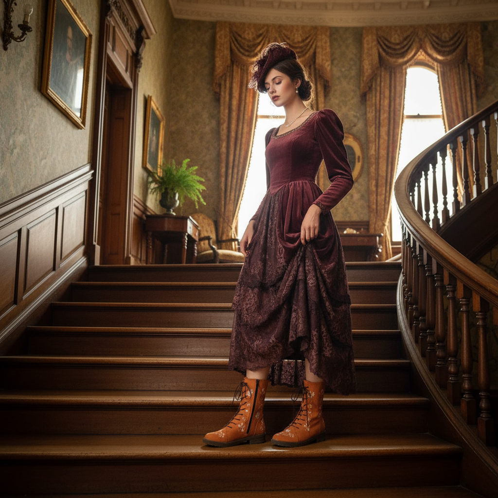 Embroidered Floral Round Toe Victorian-Inspired Low Block Heel Boots Lace-up Shoes