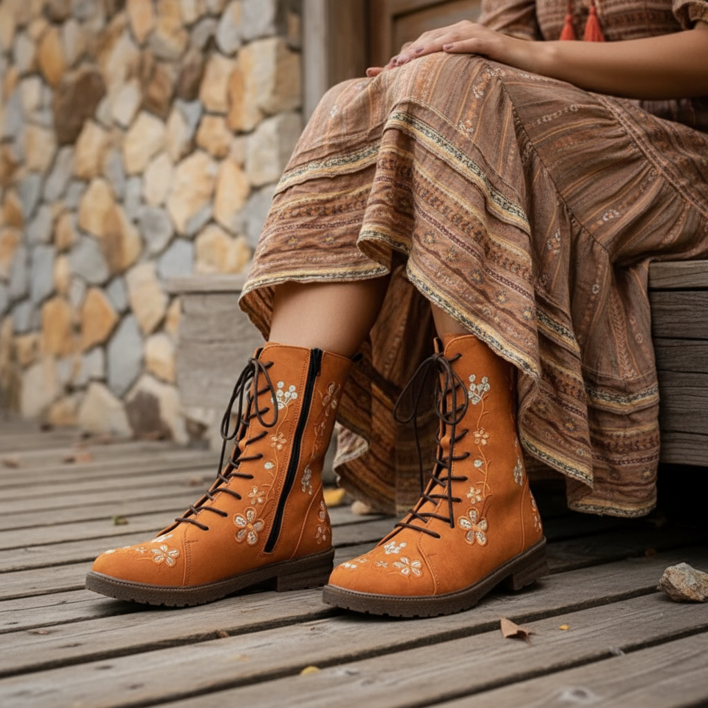 Embroidered Floral Round Toe Victorian-Inspired Low Block Heel Boots Lace-up Shoes