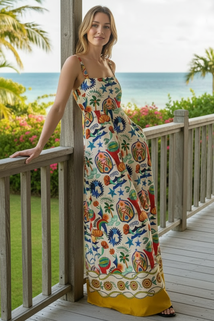 Tropical Palm Paradise Square Neck Smocked Back Side Pocket Maxi Dress