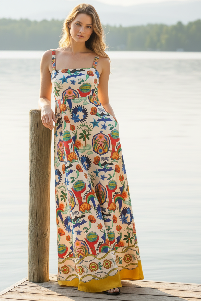 Tropical Palm Paradise Square Neck Smocked Back Side Pocket Maxi Dress