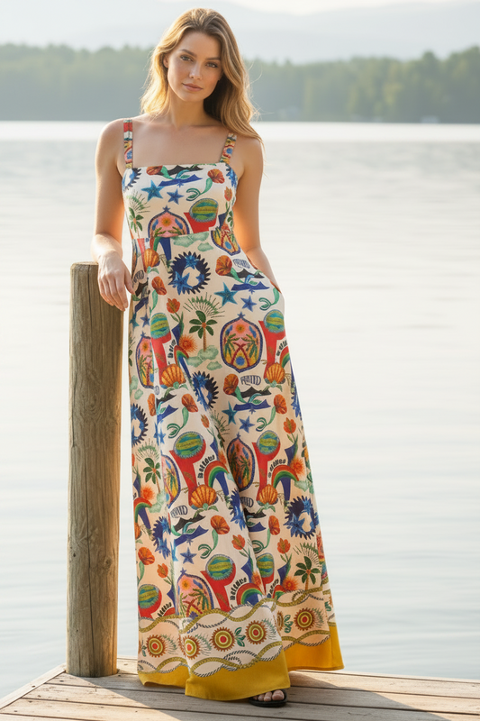 Tropical Palm Paradise Square Neck Smocked Back Side Pocket Maxi Dress