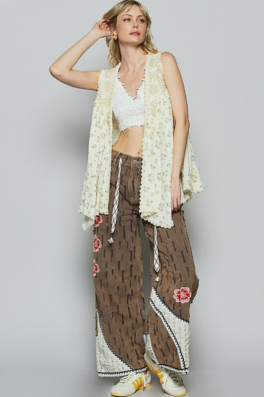 POL Lace Pearl Embroidered Patchwork Boho Vest Gauze Raw Hem Sleeveless Cardigan Floral Cream