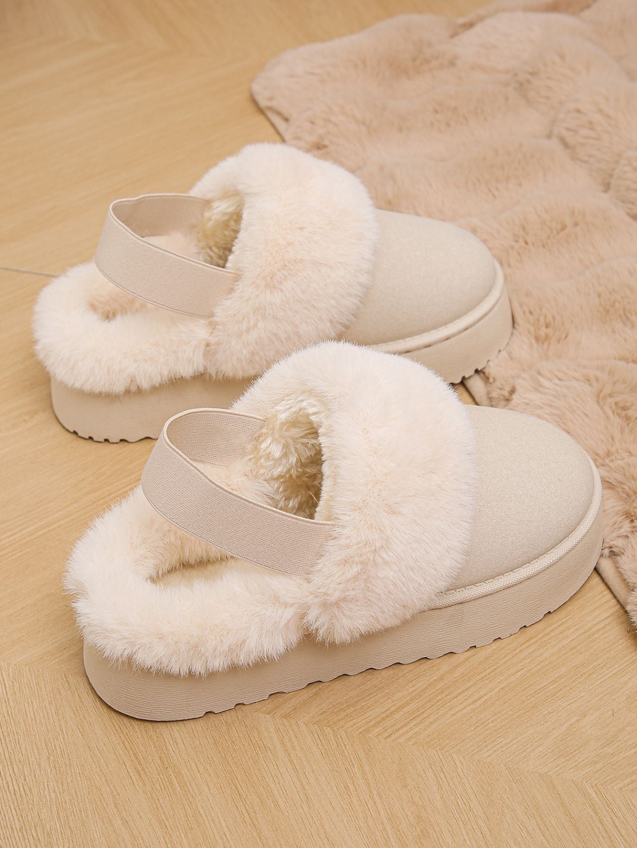 Platform Slippers Funkette Plush Faux Fur Slip-on Vegan Suede Ankle Strap Shoes