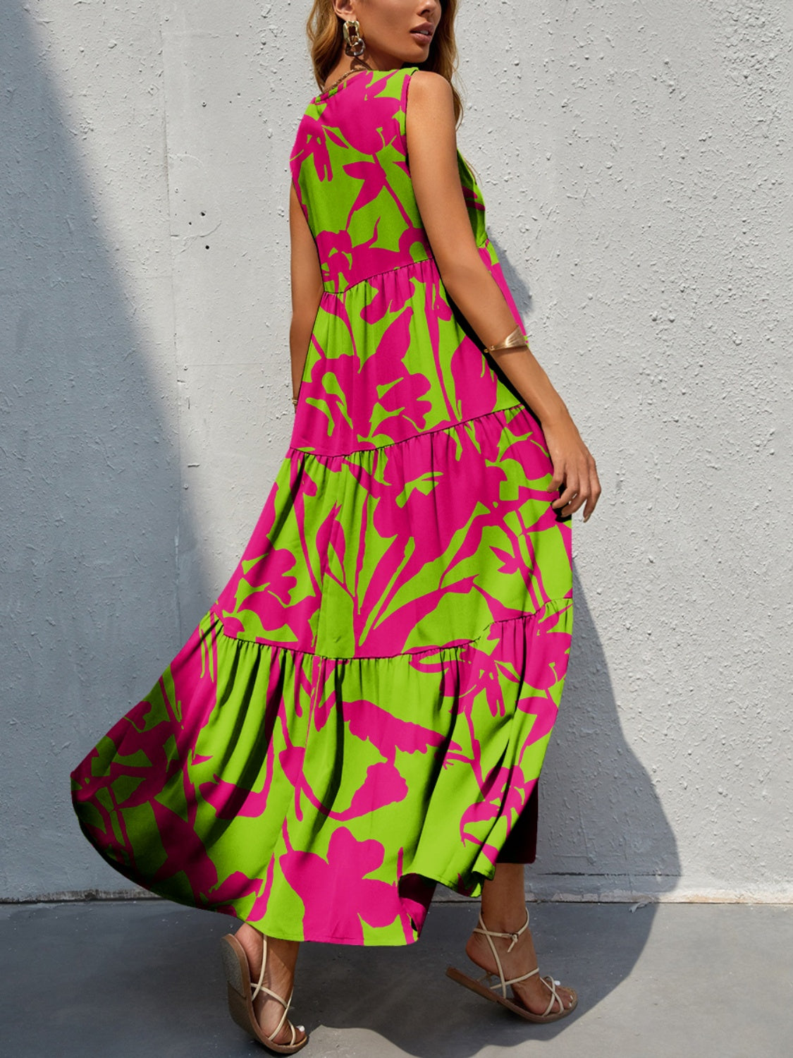 Bold Colorful Retro Floral Sleeveless Tiered V-Neck Oversized Summer Maxi Dress