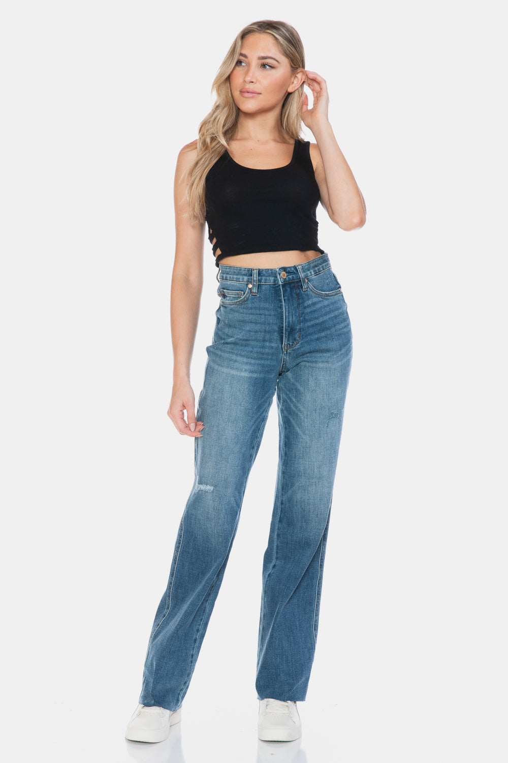 Judy Blue Tummy Control High-Rise Boyfriend Jeans Straight Leg Raw Denim Pants