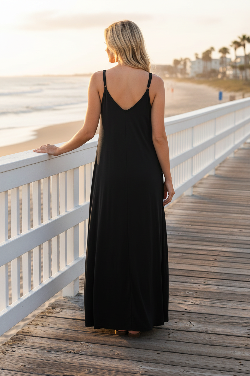 Zenana Side Pocket V-Neck Relaxed Fit Spaghetti Strap Maxi Dress
