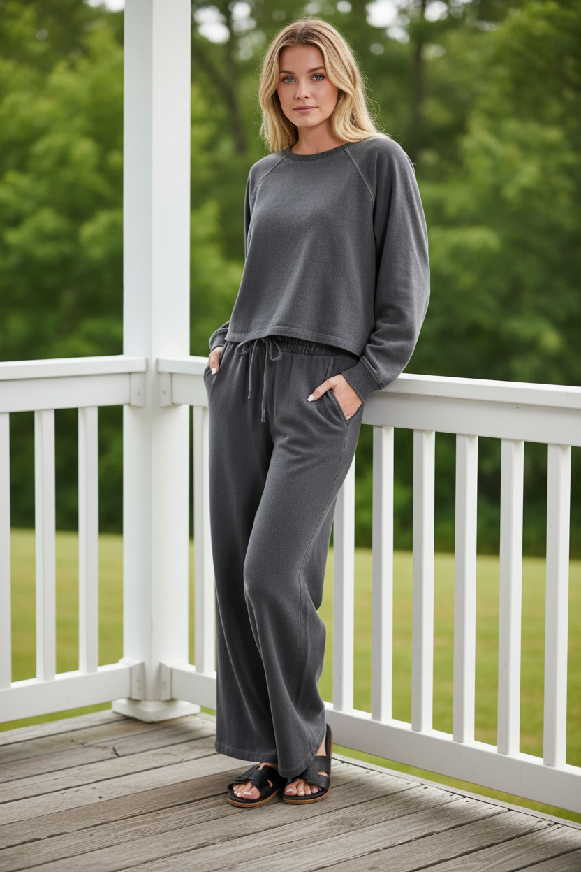 Zenana Cotton Washed French Terry Round Neck Pullover Top Wide Leg Pants Loungewear Set