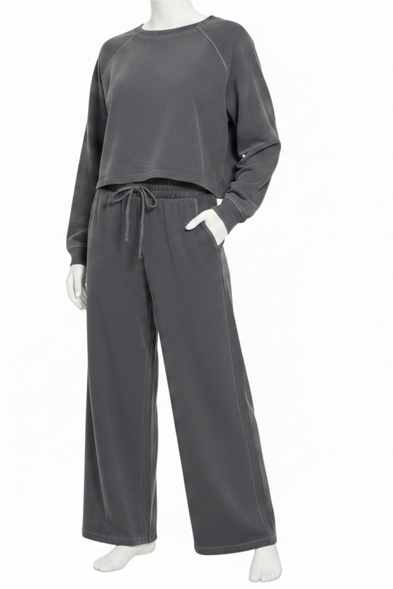 Zenana Cotton Washed French Terry Round Neck Pullover Top Wide Leg Pants Loungewear Set