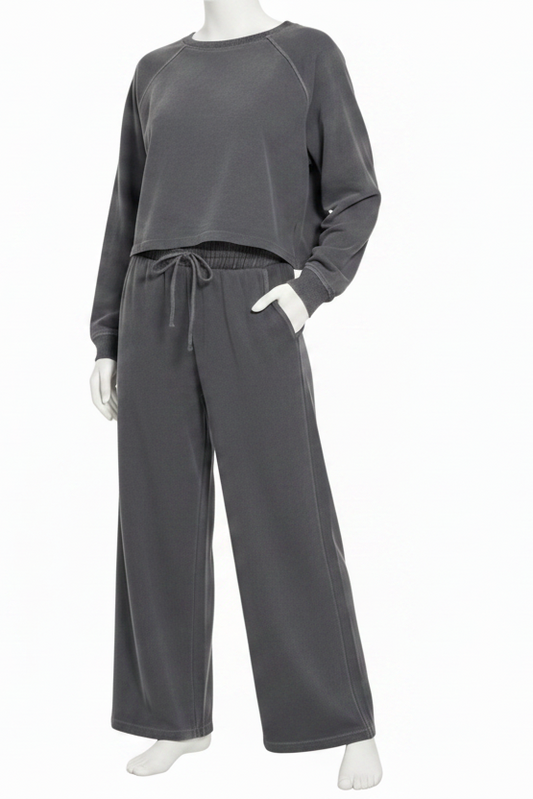 Zenana Cotton Washed French Terry Round Neck Pullover Top Wide Leg Pants Loungewear Set