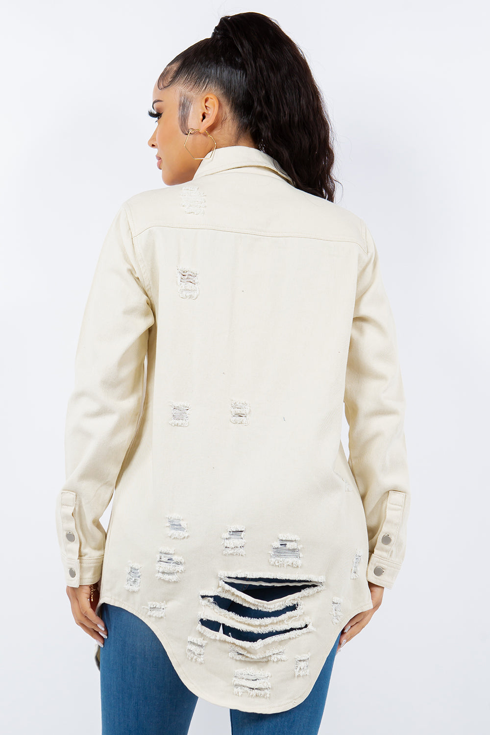 American Bazi Torn Distressed Hole Oversized Shacket Cotton Denim Jean Jacket Bone Ivory