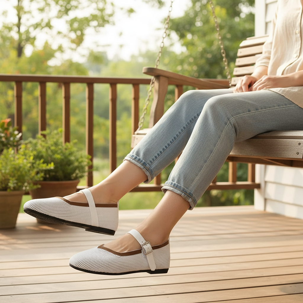 Mary Jane Flats Round Toe Mesh Slip-On Adjustable Buckle Color Contrast Shoes