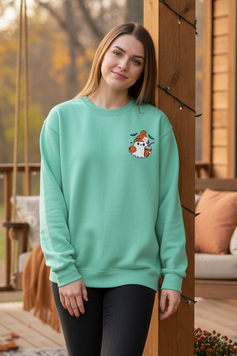 Embroidered Halloween Ghost Pumpkin Coffee Crew Neck Pullover Sweatshirt