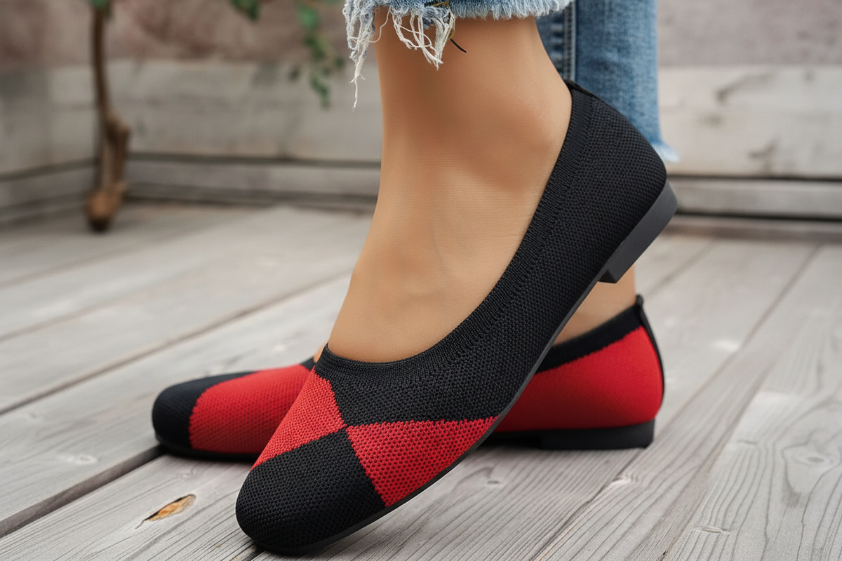 Two-Tone Geometric Knit Square Toe Ballet Flats Slip-On Shoes Contrasting Artsy Swirl