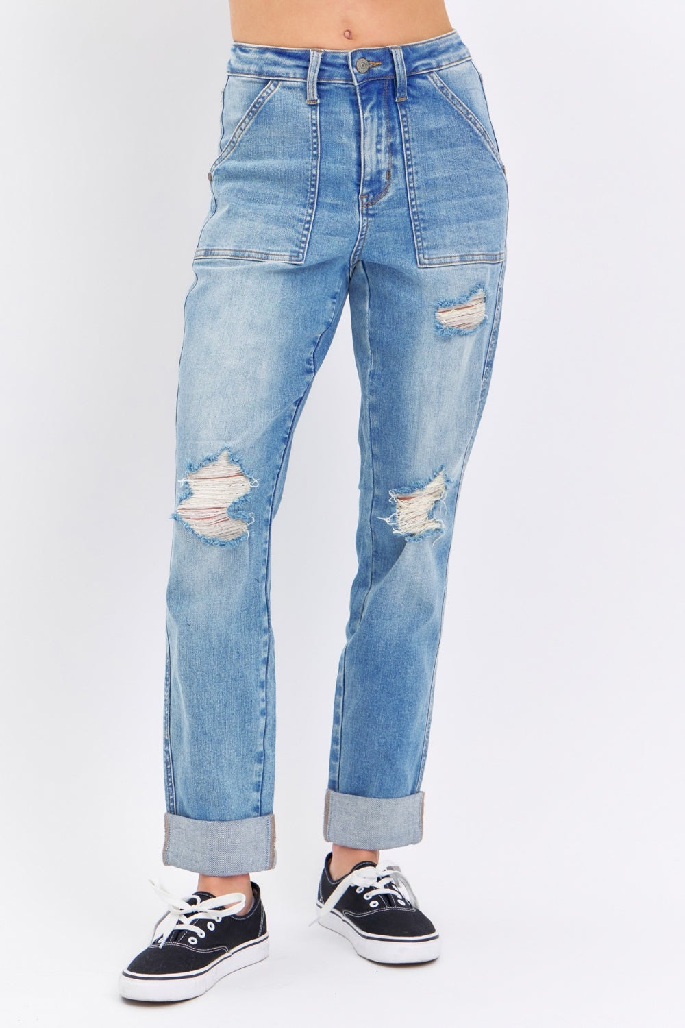 Judy Blue Distressed High-Rise Retro 90s Mom Jeans Torn Straight Leg Cuffed Denim Pants