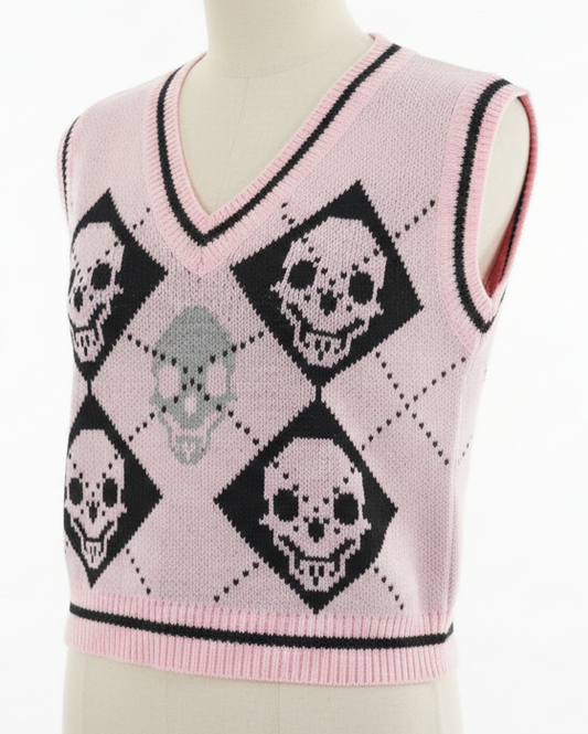 Skull Argyle V-Neck Boxy Knit Sweater Vest Contrast Stripe Sleeveless Pullover Top