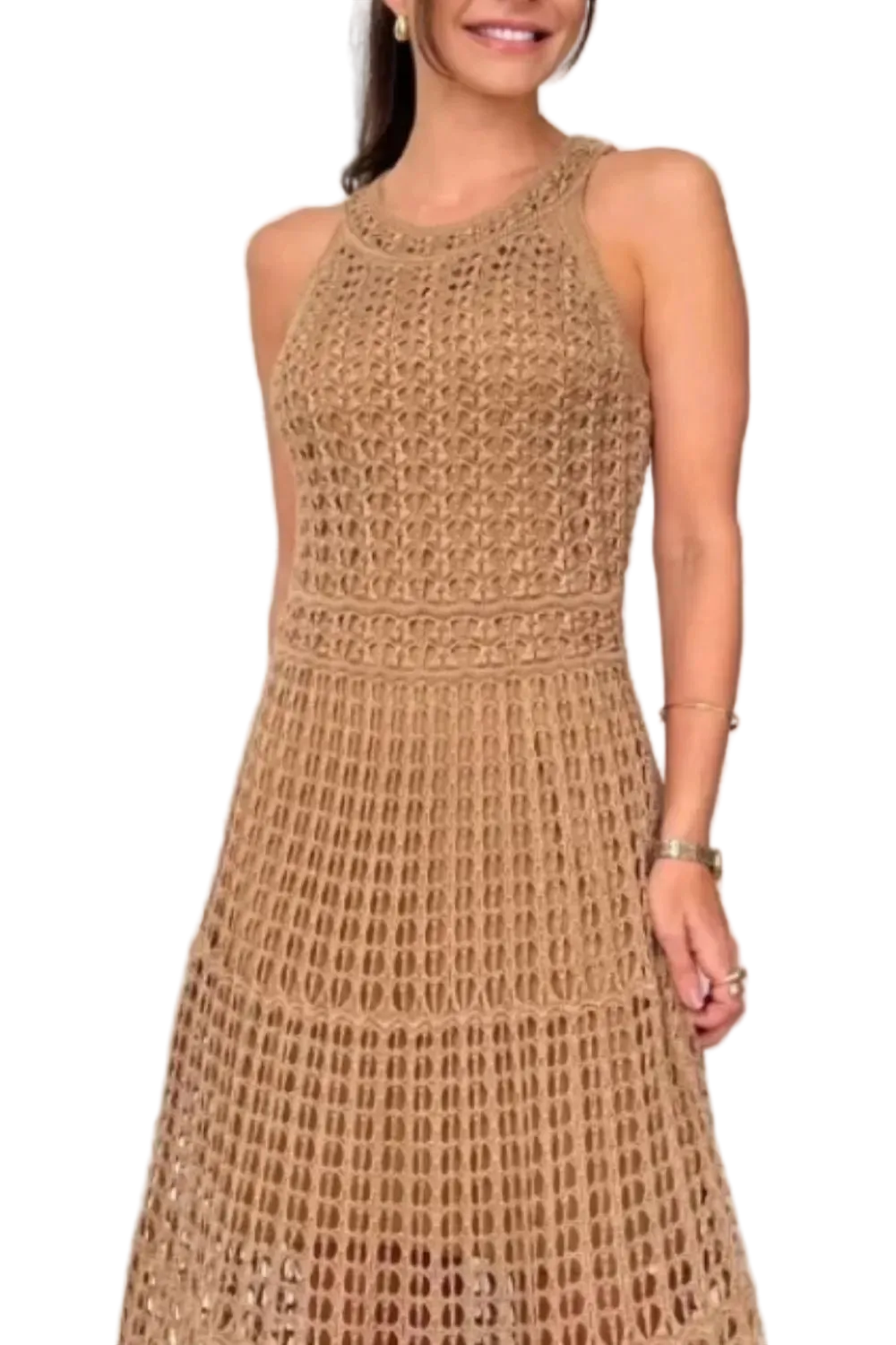 Openwork Crochet Knit Sleeveless Round Neck Illusion Mini Lined A-line Maxi Dress