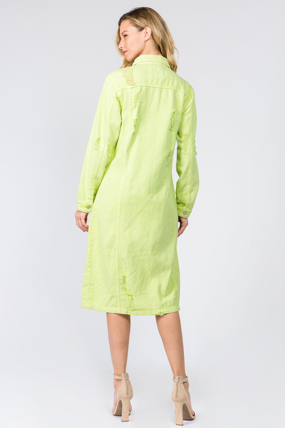 Lime Denim Pocket Jean Collar Long Sleeve Distressed Torn Midi Jacket Dress American Bazi Lime / S Lime Denim Pocket Jean Collar Long Sleeve Distressed Torn Midi Jacket Dress American Bazi Lime / S