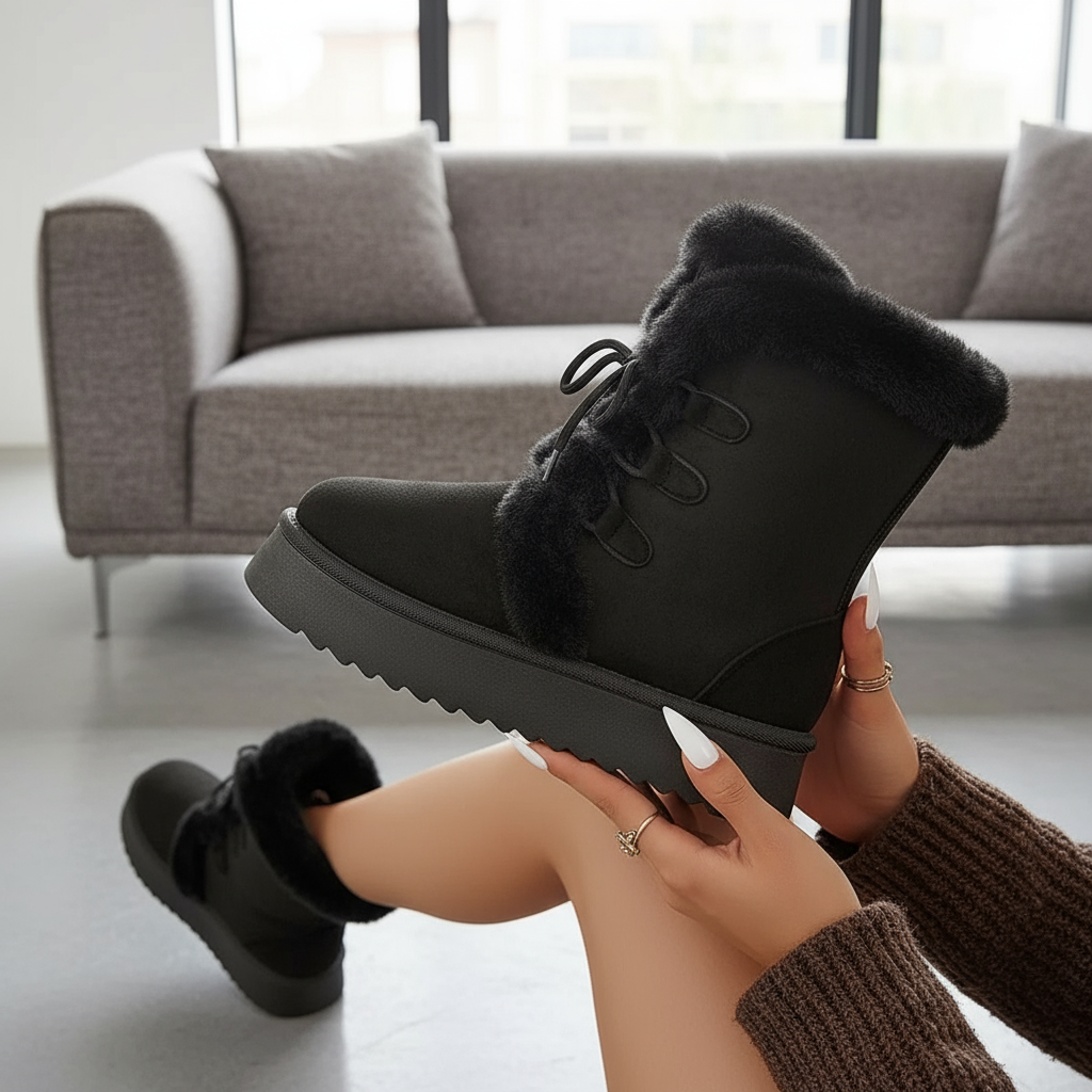 Faux Fur Platform Lace-up Winter Boots Plush Chunky Lug Vegan Suede Shoes