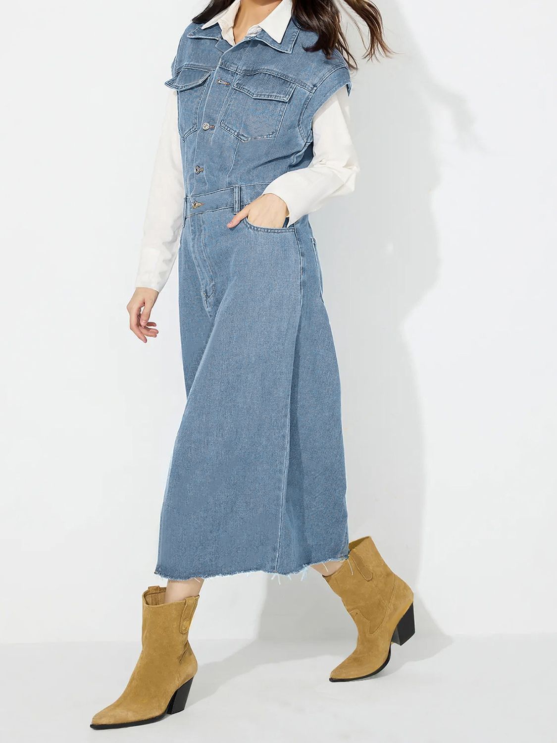 Denim Jacket Dress Pocket Chest Jean Collared Midi Half Button Slit Front