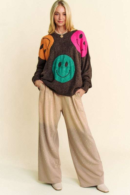 DAVI & DANI Knit Smiley Face Contrast Long Sleeve Oversized Pullover Sweater Top