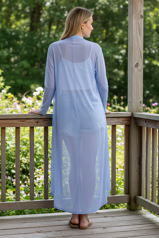 Zenana Sheer Mesh Open Front Long Sleeve Lightweight Jacket Longline Cardigan Spring Blue