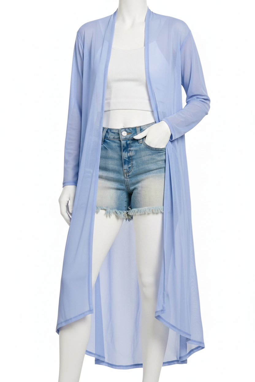 Zenana Sheer Mesh Open Front Long Sleeve Lightweight Jacket Longline Cardigan Spring Blue