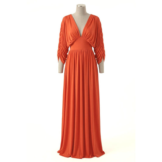 Deep V-Neck Empire Waist Formal Maxi Dress Ruched Balloon Sleeves Open Tie Back