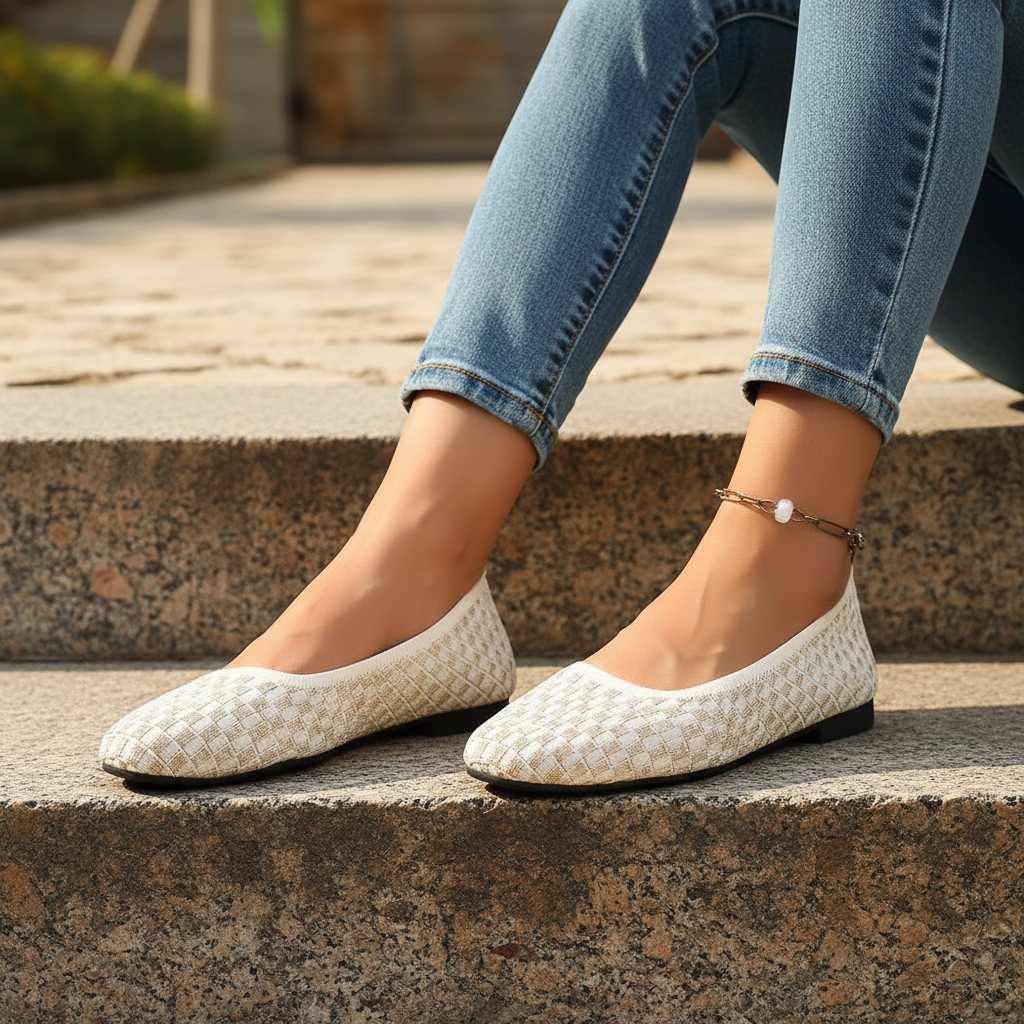 Textured Checker Knit Round Toe Ballet Flats Casual Slip-On Shoes