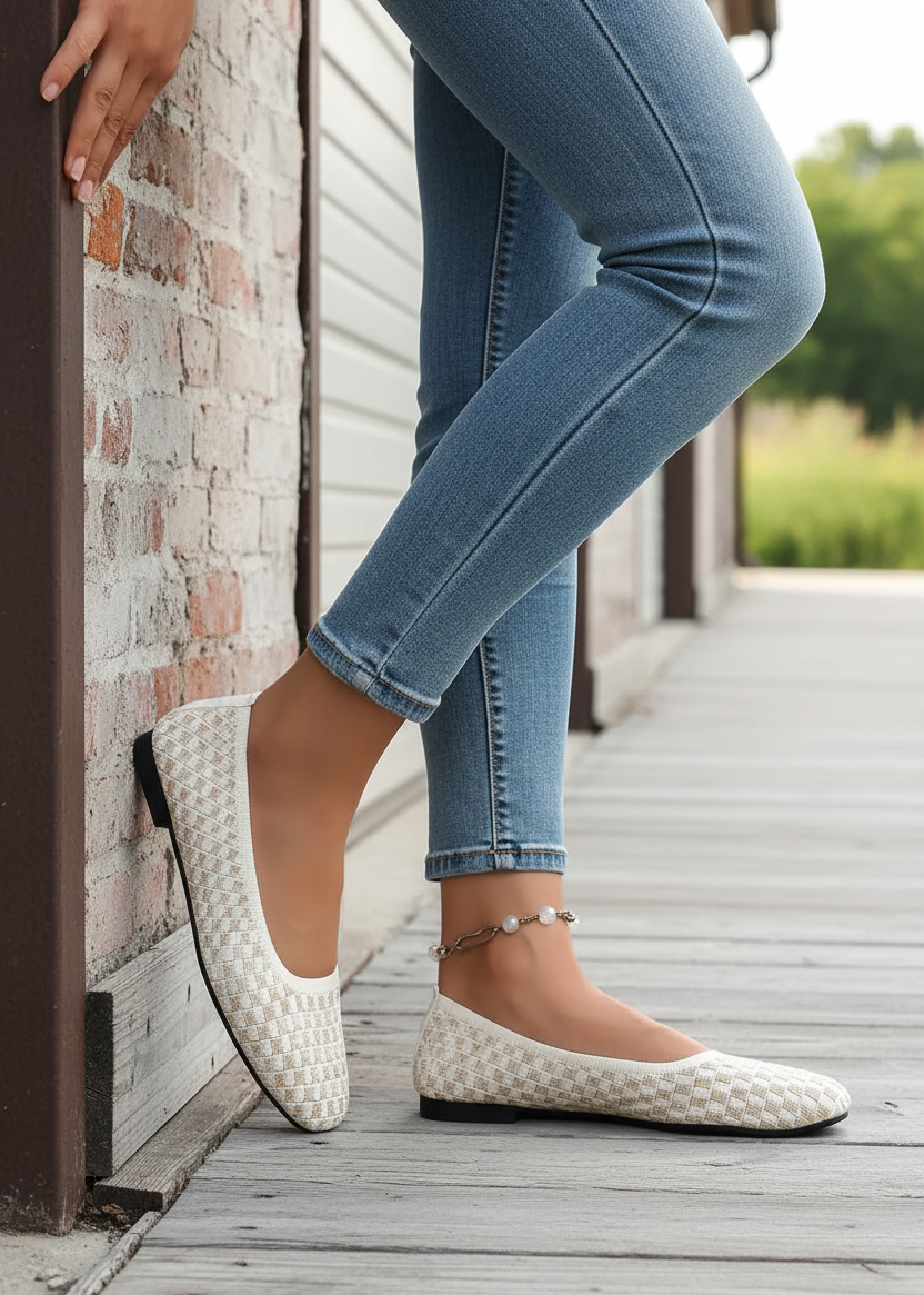 Textured Checker Knit Round Toe Ballet Flats Casual Slip-On Shoes
