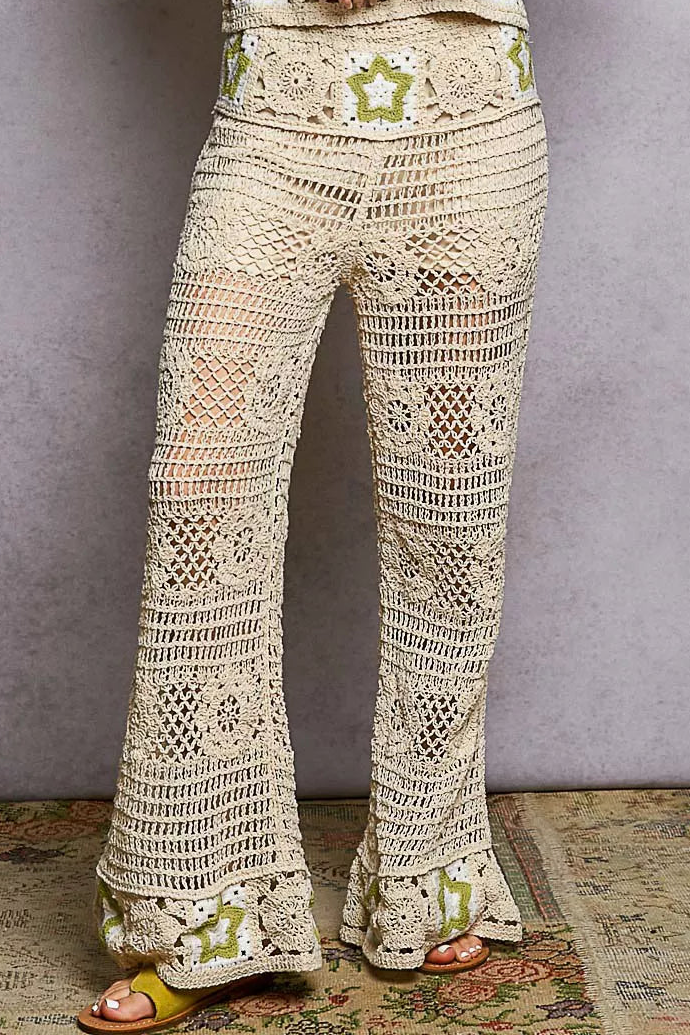 POL High-Rise Star Patchwork Openwork Granny Crochet Flare Leg Retro 70’s Pants Olive Green