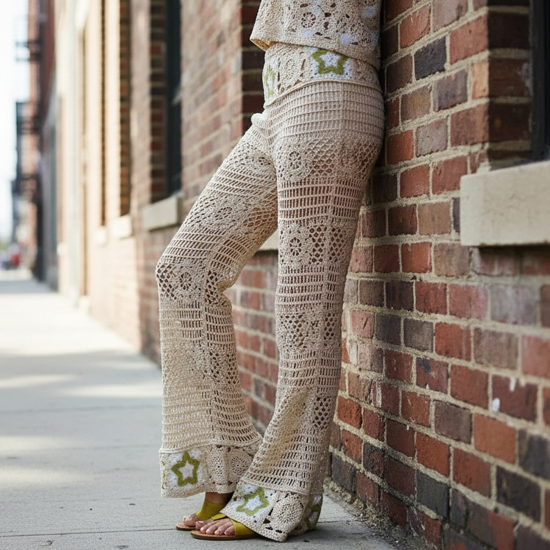 POL High-Rise Star Patchwork Openwork Granny Crochet Flare Leg Retro 70’s Pants Olive Green