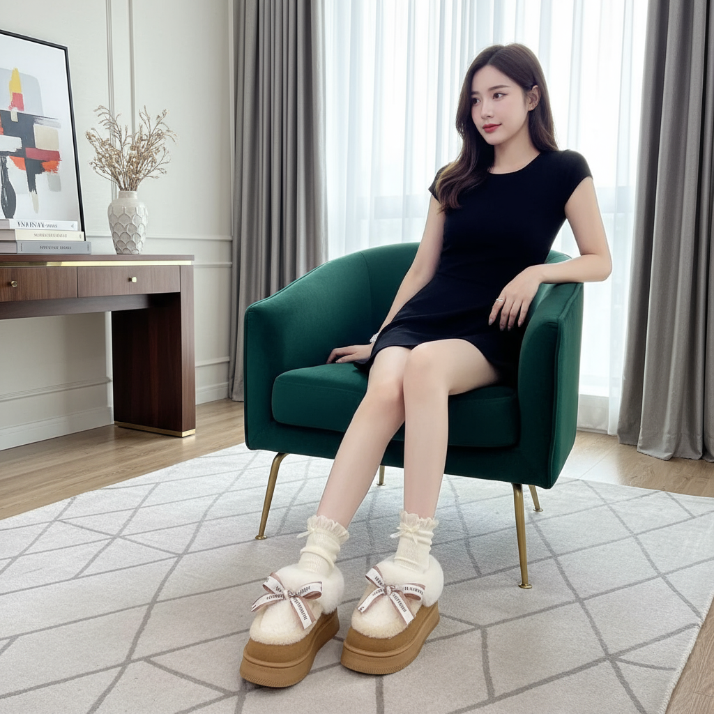 Plush Faux Fur Platform Fashion Bow Slipper Ankle Boots Fuzzy Shoes Contrasting Slip-on Bootie